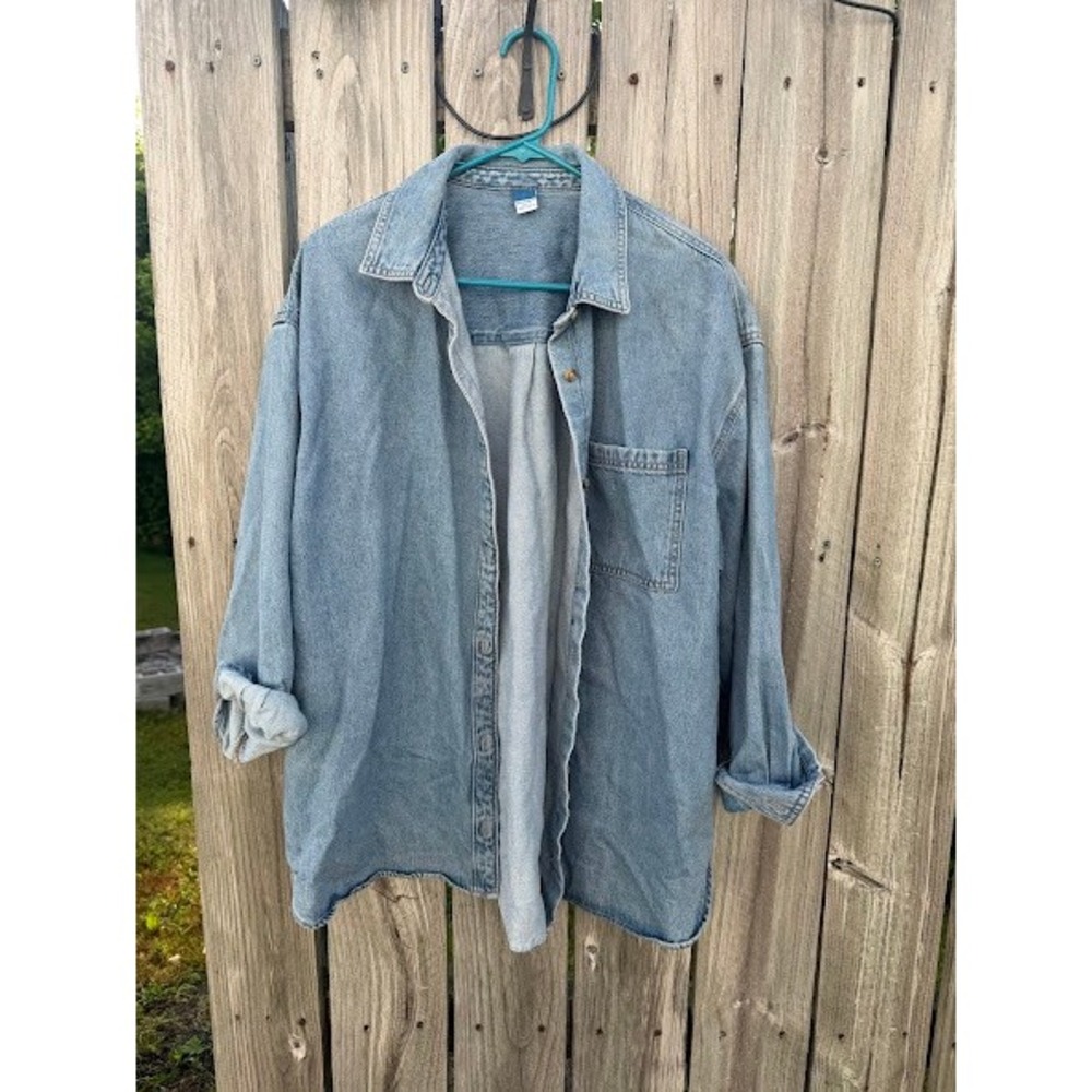 Oversized 90s Grunge Old Navy Denim Button Down Shirt Womens L Blue Raw Hem - Picture 2 of 5